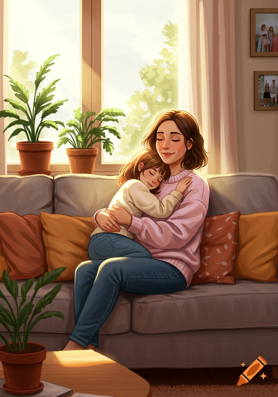 An illustration of a mother hugging her child on a sofa in a sunlit living room.