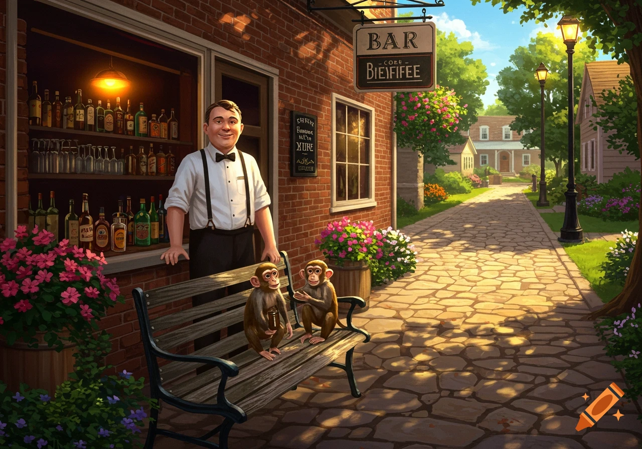 A cartoon-style image of a smiling bartender leaning out of a window of a brick bar, with two small monkeys sitting on a bench in front. The bar sign reads "BAR - COFE - BIEFIFEE". A paved street with trees and houses stretches into the background.