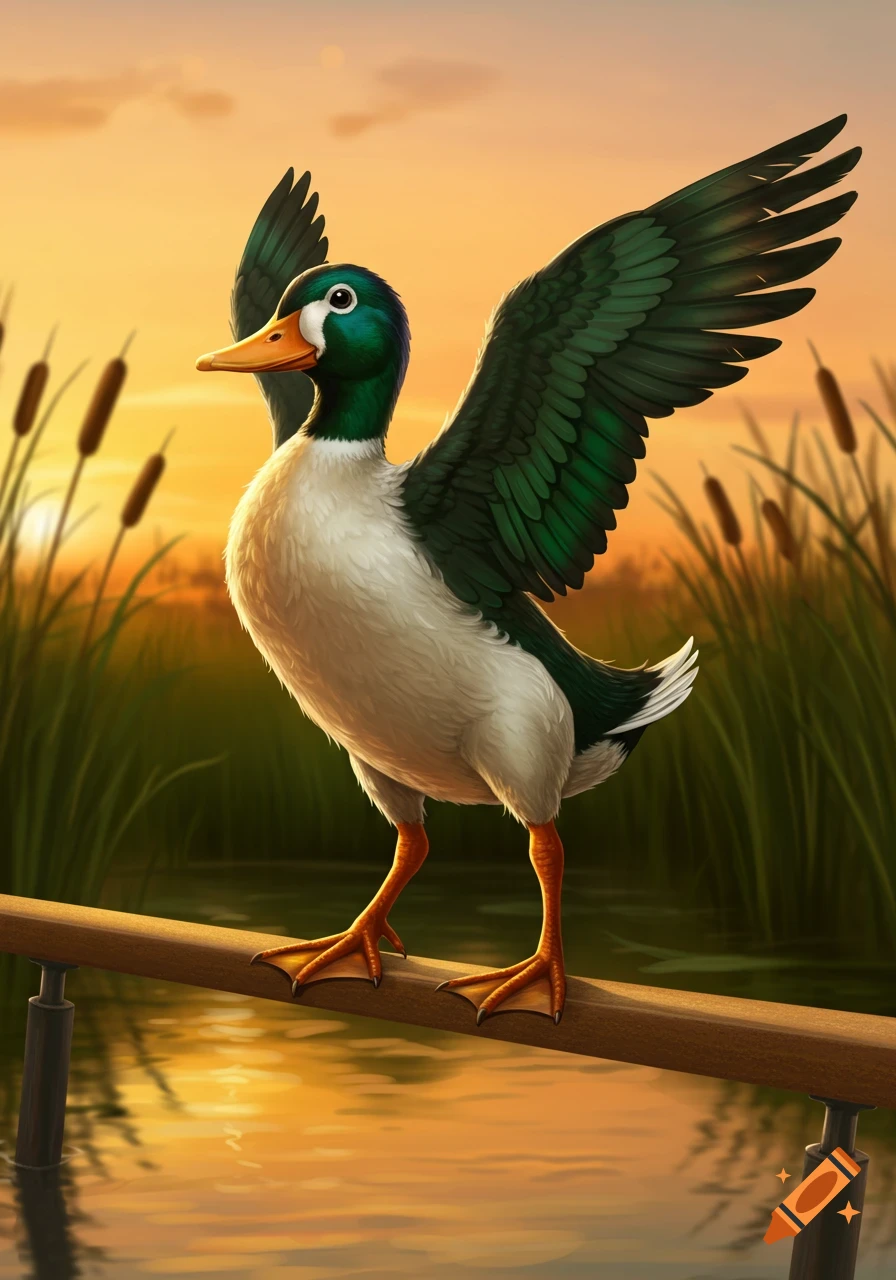 A colorful mallard duck with outstretched wings stands on a wooden beam over water, set against a sunset sky and reeds.
