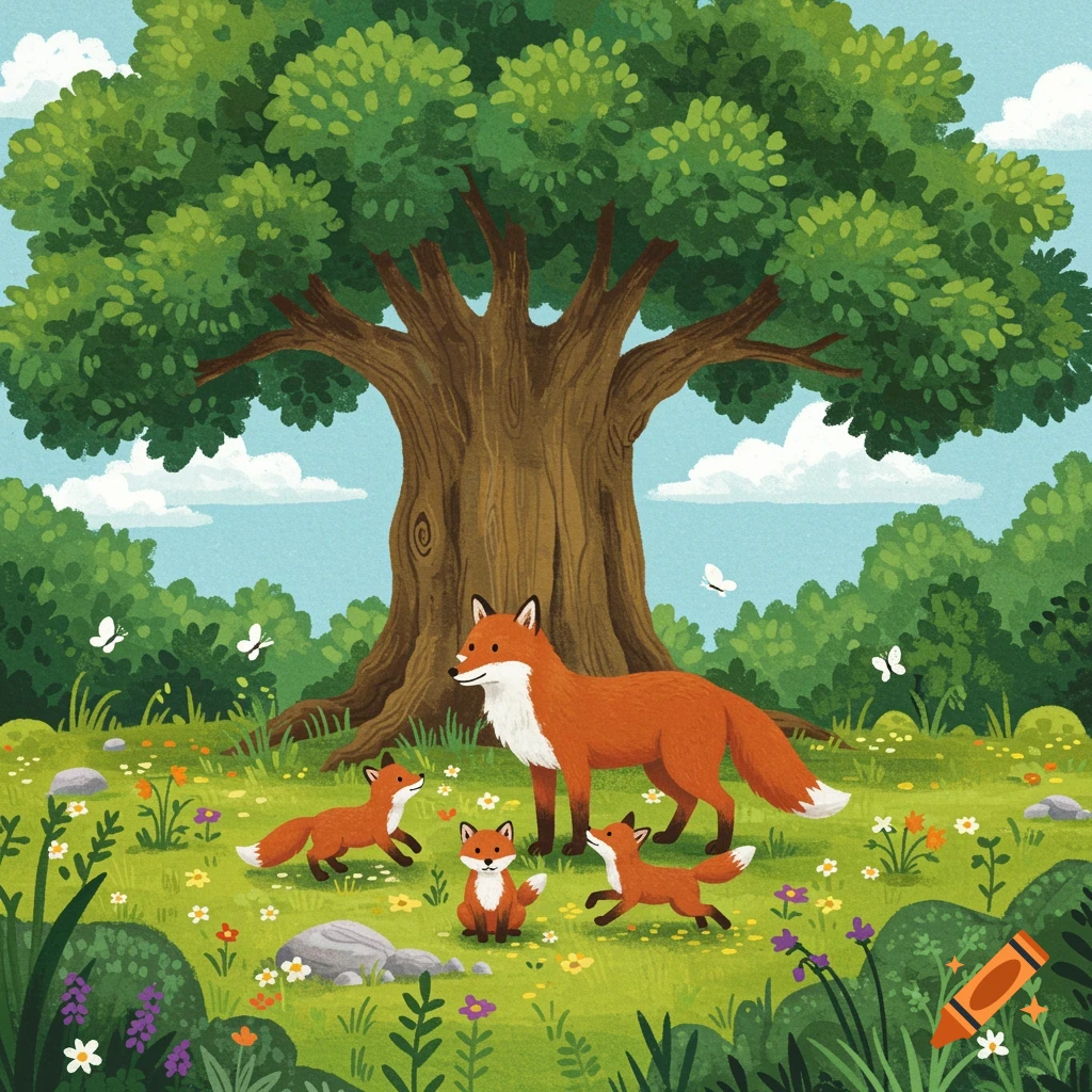 A vibrant children's book illustration of an adult fox and three kits playing in a lush green forest with a large oak tree, wildflowers, and butterflies.