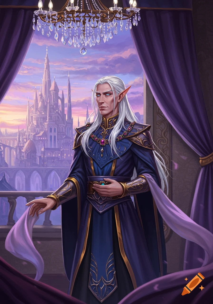 A white-haired high elf in ornate purple and gold robes stands in a grand room, looking at a fantastical castle at sunset.