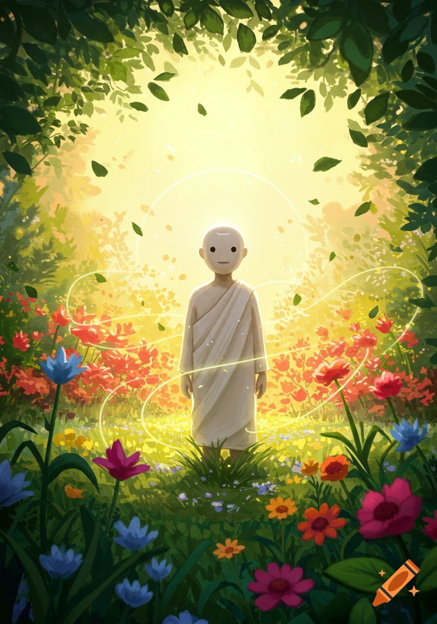A stylized, bald figure with a simple face and white robes stands in a vibrant, sunlit forest clearing filled with colorful flowers and glowing wisps.