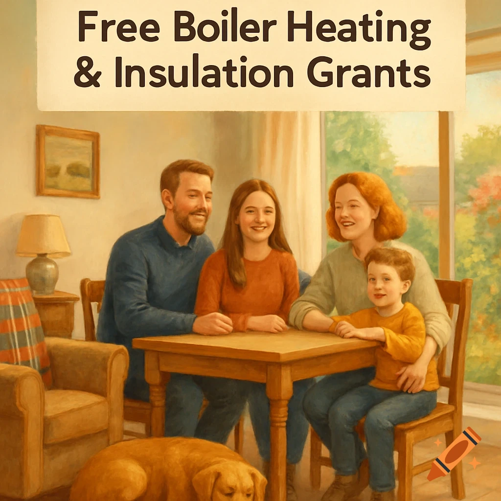 A painterly illustration of a smiling family and their dog in a living room, with the text 'Free Boiler Heating & Insulation Grants' above them.