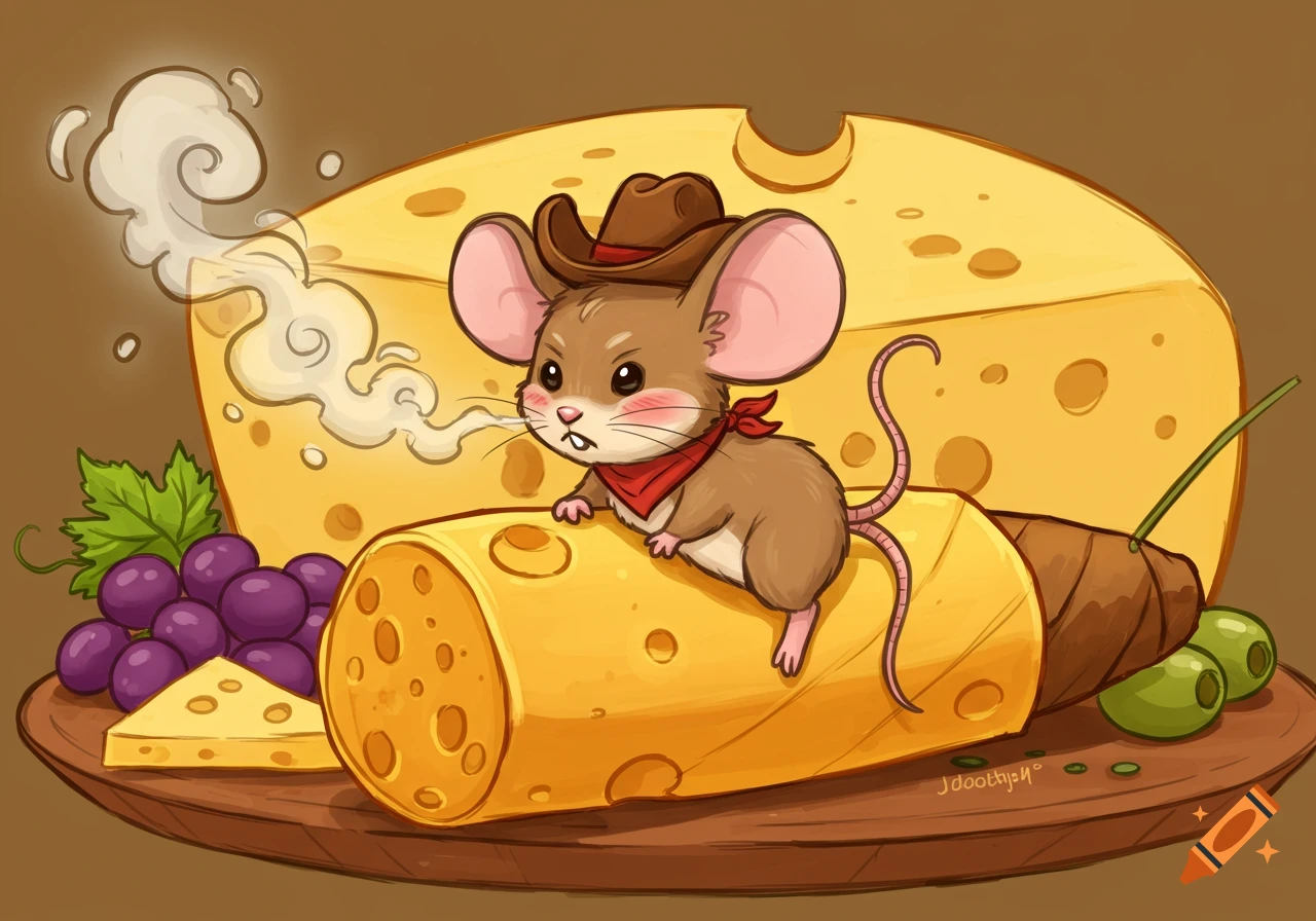 Cartoon mouse wearing a cowboy hat smokes a cheese cigar, sitting on cheese next to grapes and olives.