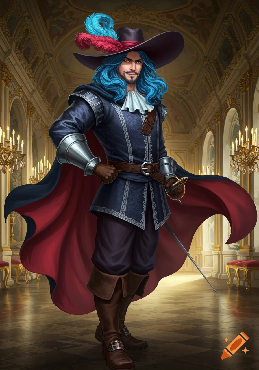 A flamboyant blue-haired musketeer in a wide-brimmed hat and dark blue suit with a red cape, holding a rapier in a grand hall.