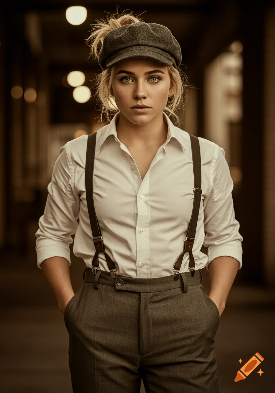 Young woman in a white shirt, suspenders, grey trousers, and flat cap, looking directly at the camera. Photorealistic.