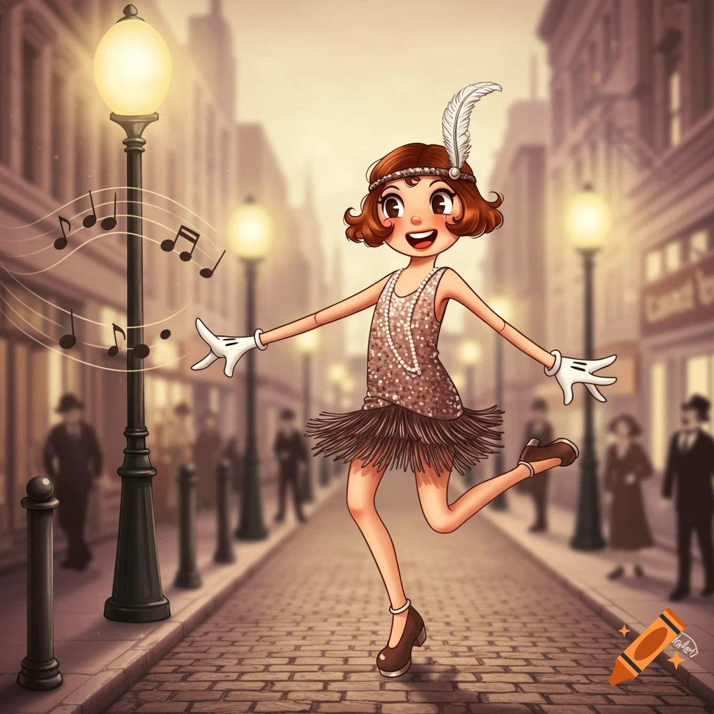 A happy rubber hose cartoon flapper woman dancing on a 1920s city street with musical notes.