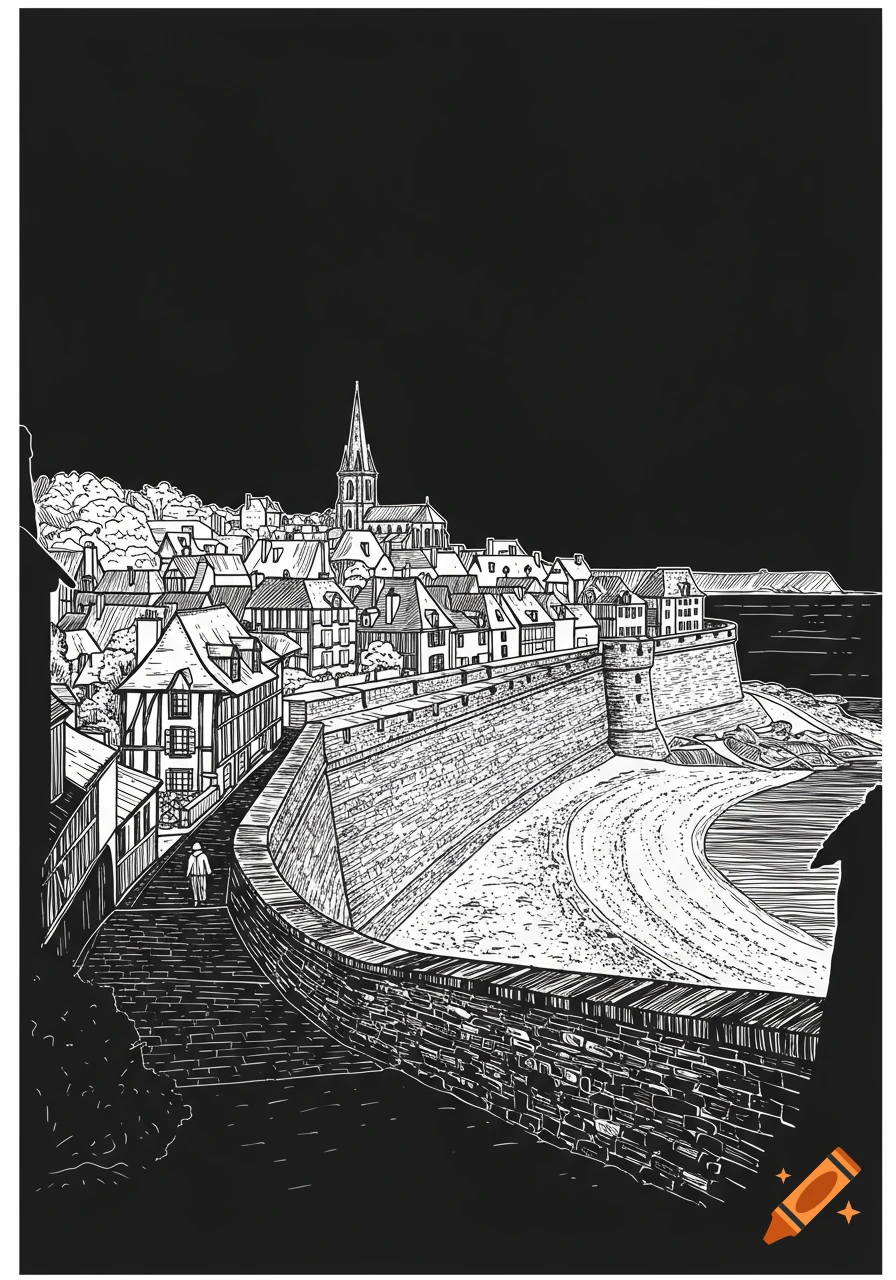 Black and white line art of the walled city of Saint-Malo with a spire, buildings, a curved wall, and a beach.
