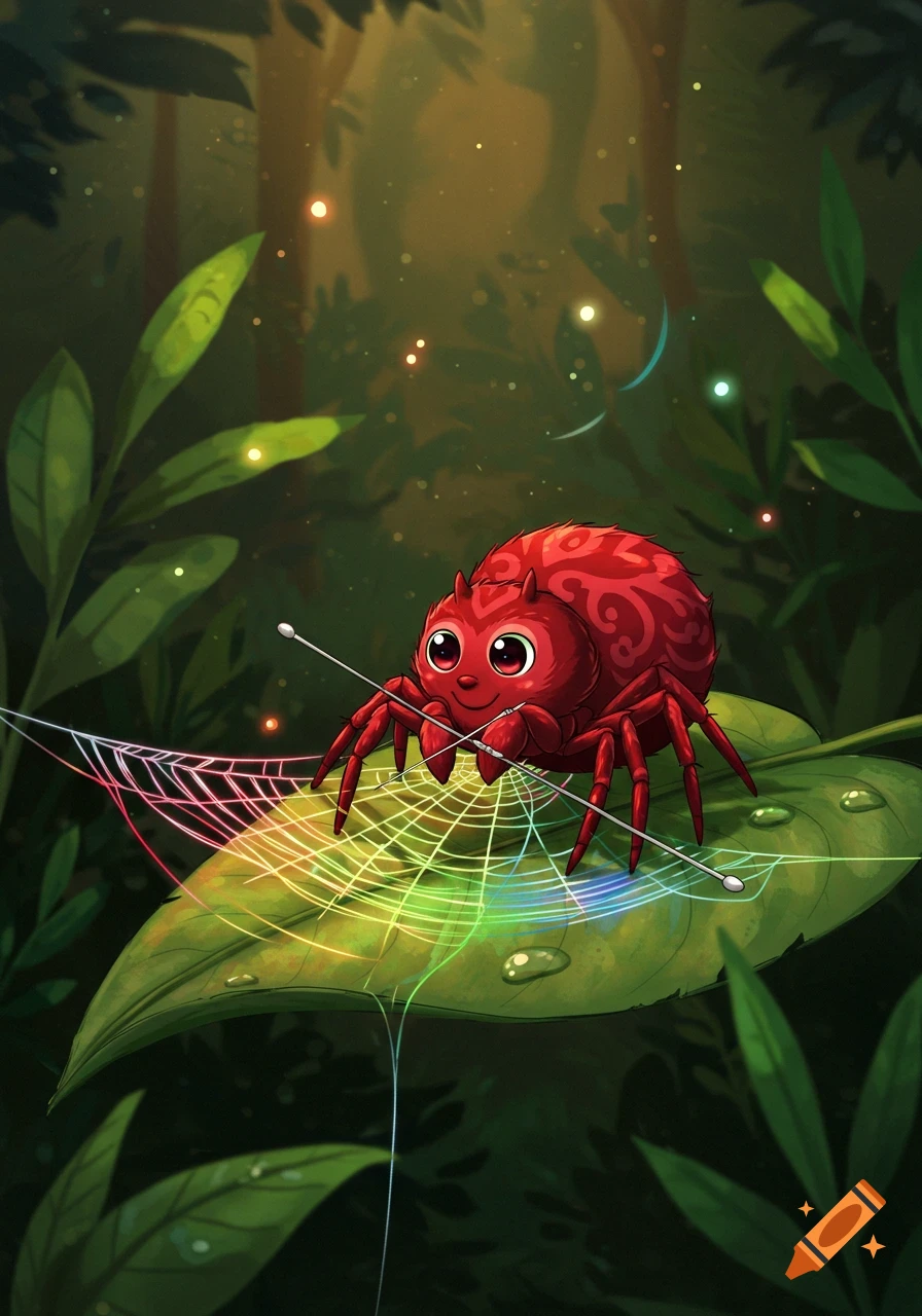 Vibrant illustration of a cute red cartoon spider with a patterned body, knitting a rainbow web on a green leaf in a glowing forest.