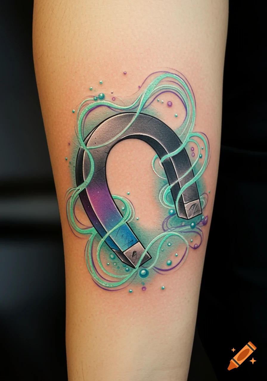 A vibrant tattoo of a horseshoe magnet on an arm, surrounded by glowing teal and purple swirls and bubbles.
