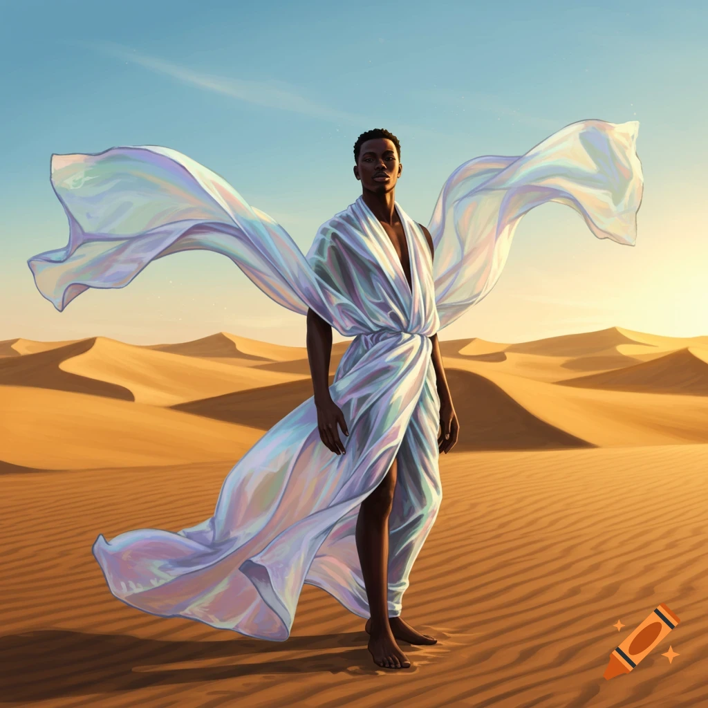 A Black man in iridescent flowing fabric stands barefoot on sand dunes in a desert landscape under a clear sky, dramatic lighting.