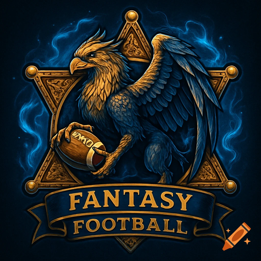 A fantasy football logo featuring a gold and blue griffin holding a football, set against a gold sheriff's badge with blue mystical smoke, and a banner reading 'FANTASY FOOTBALL'.