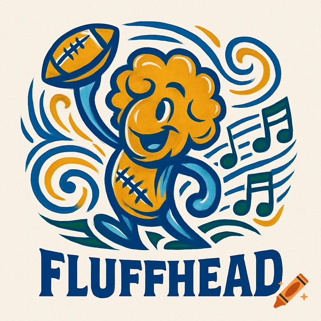 A yellow fluffy cartoon character with a football and musical notes, with 'FLUFFHEAD' text below. Illustrated in a brush-stroke style.