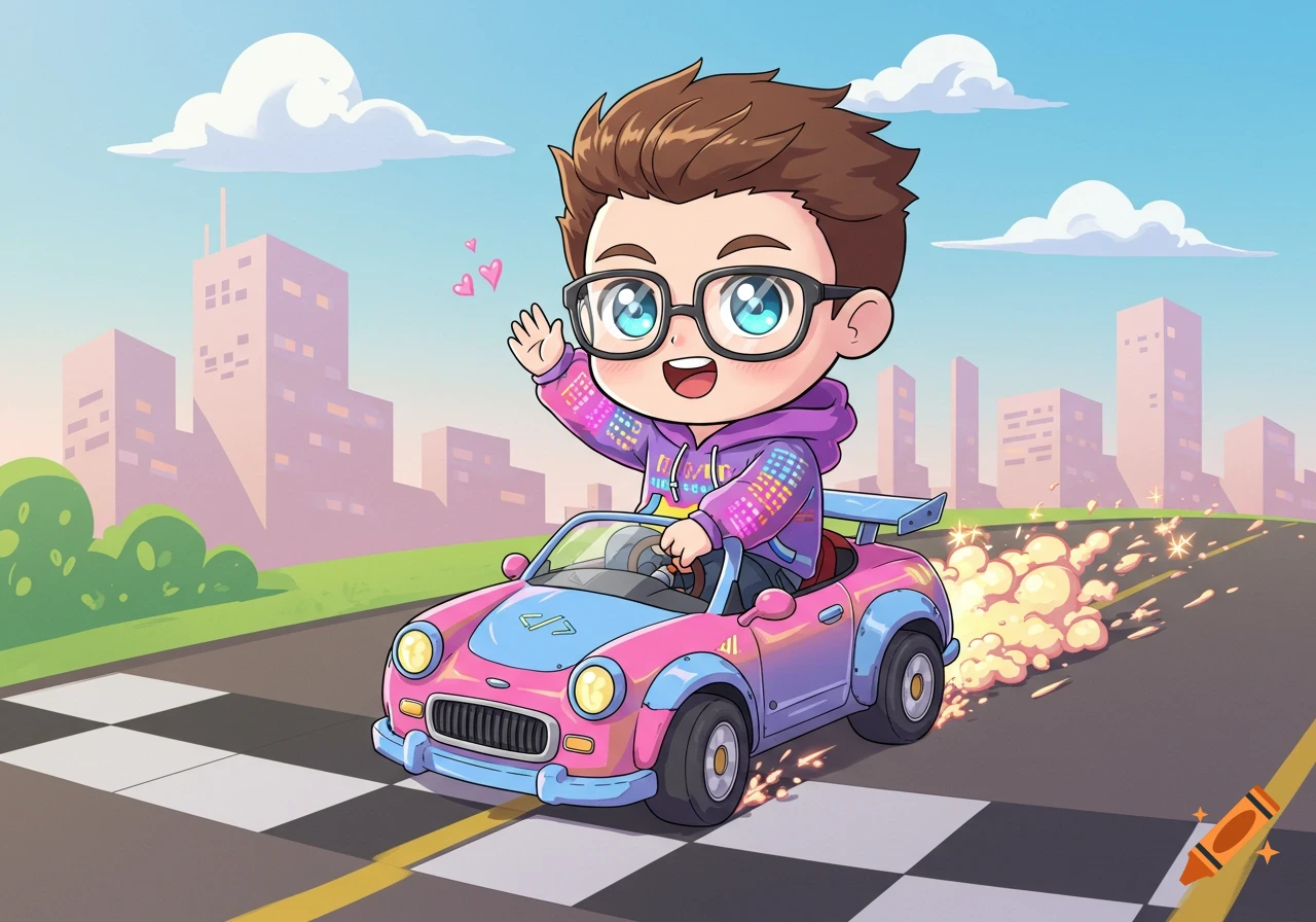 A cute chibi boy programmer with glasses waves from a pink and blue retro race car, driving on a road past a city skyline.