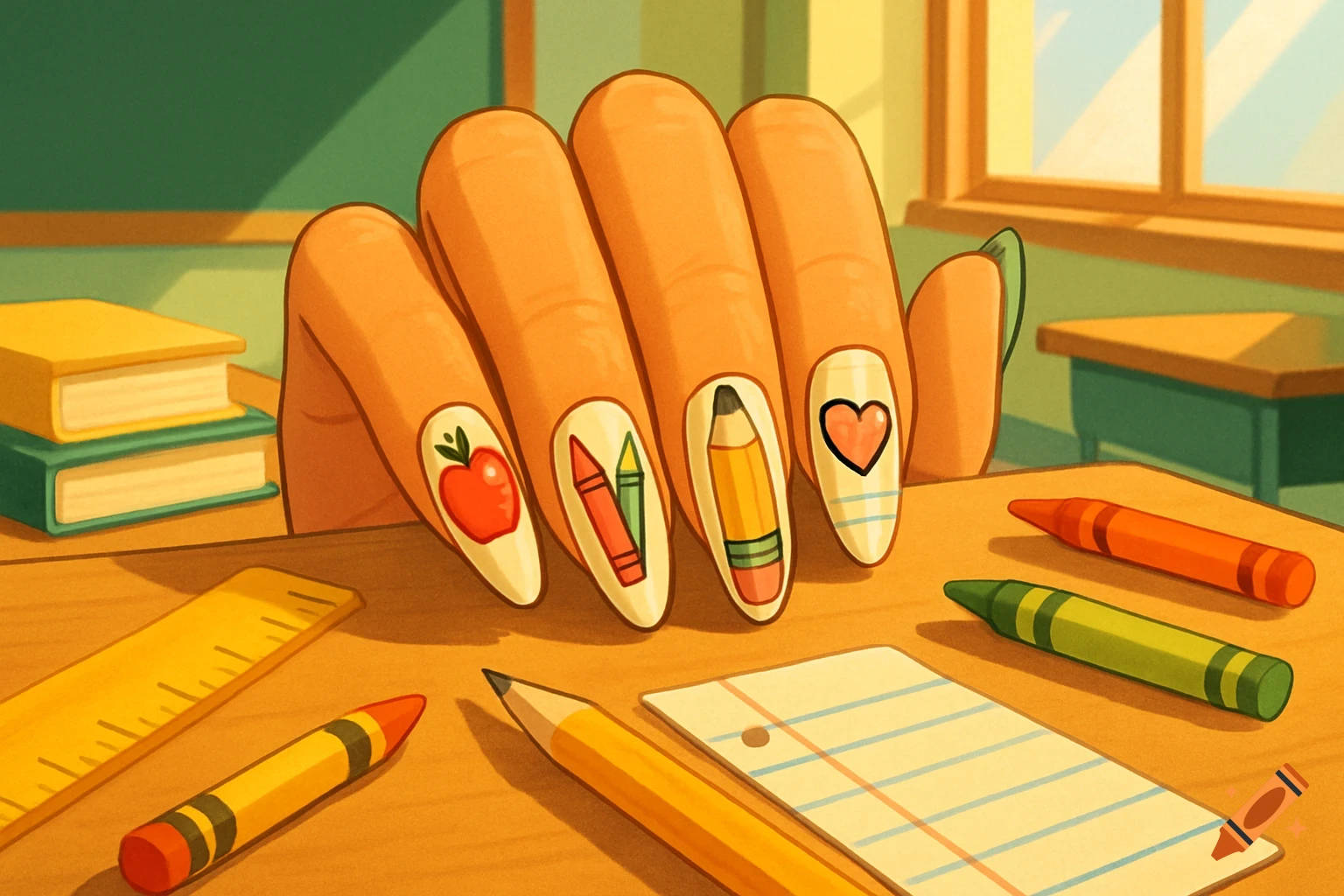 Illustration of a hand with school-themed nail art (apple, crayons, pencil, heart) on a desk with school supplies.