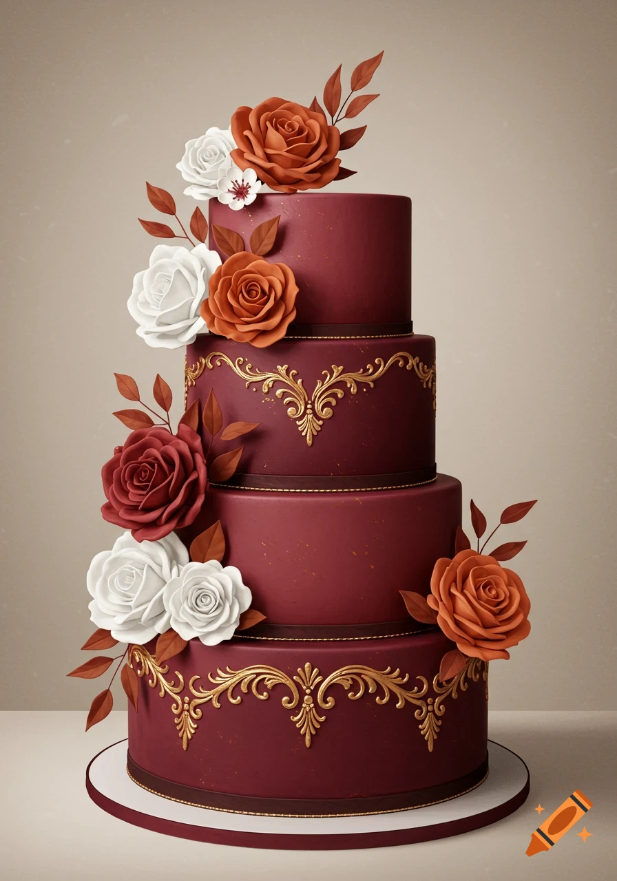 A four-tiered burgundy wedding cake decorated with white, orange, and red sugar roses and gold baroque accents.