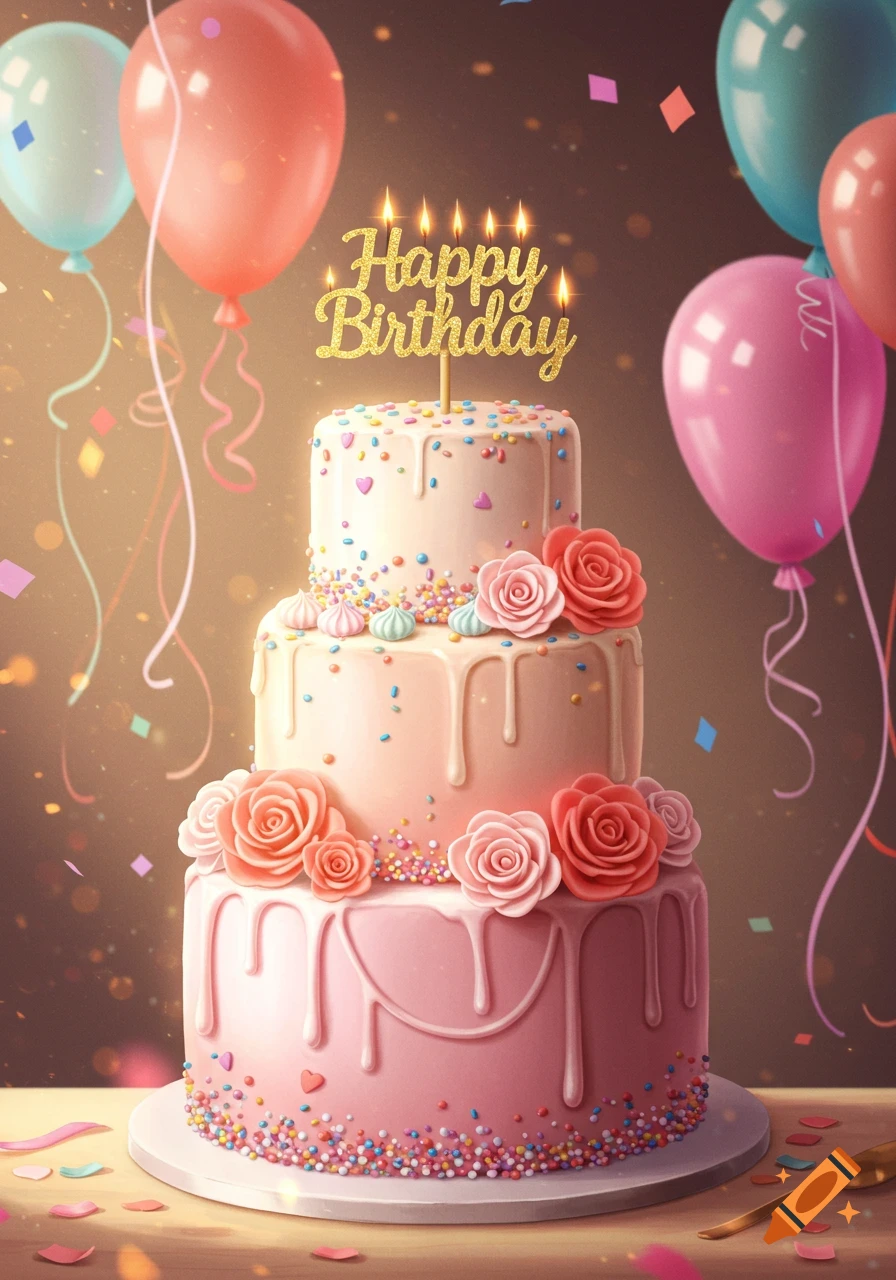 A three-tier pink and white birthday cake with rose decorations, sprinkles, and a 'Happy Birthday' topper, surrounded by colorful balloons and falling confetti.