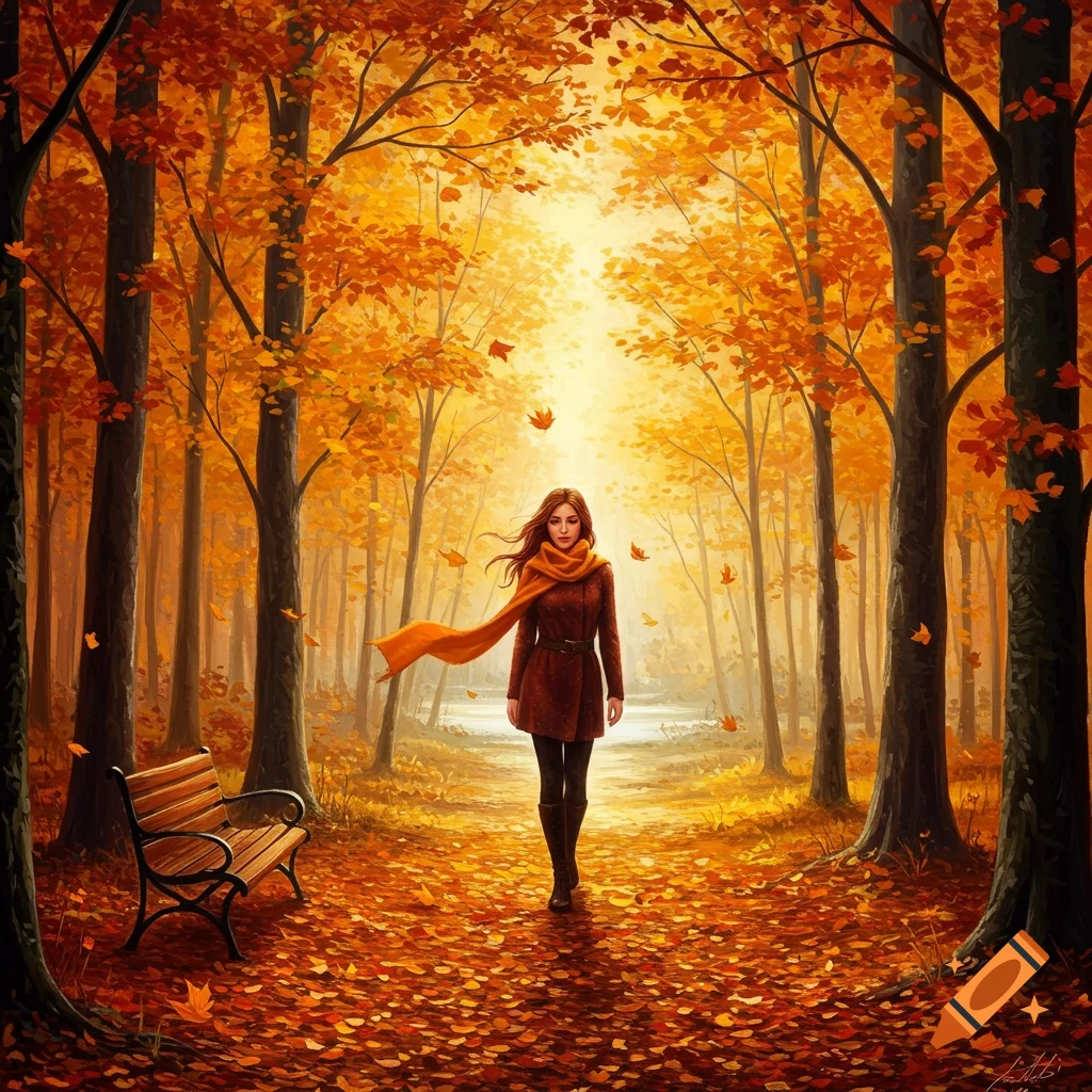 A woman in a brown coat and orange scarf walks on a path covered with autumn leaves in a brightly lit forest.