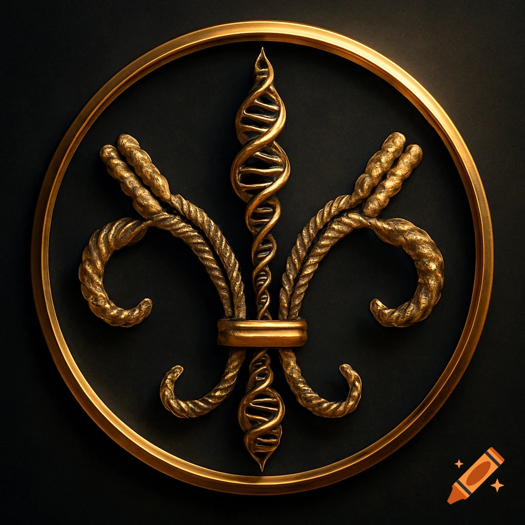A golden fleur-de-lis emblem featuring DNA helices and braided antibody-like elements, set in a golden circle on a dark background.