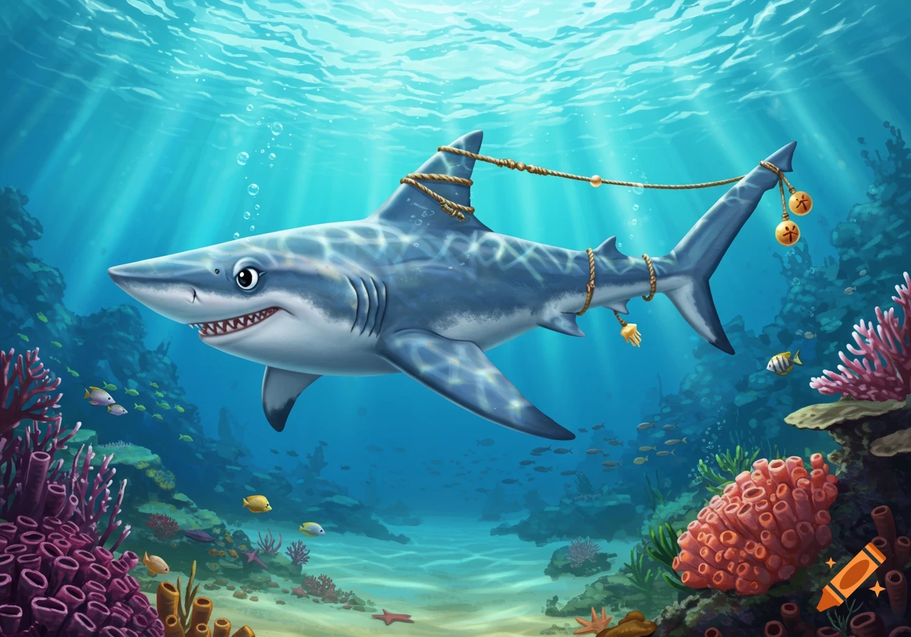 A cute, smiling cartoon shark adorned with ropes and golden bells swims in a vibrant coral reef, with sunlit blue water.