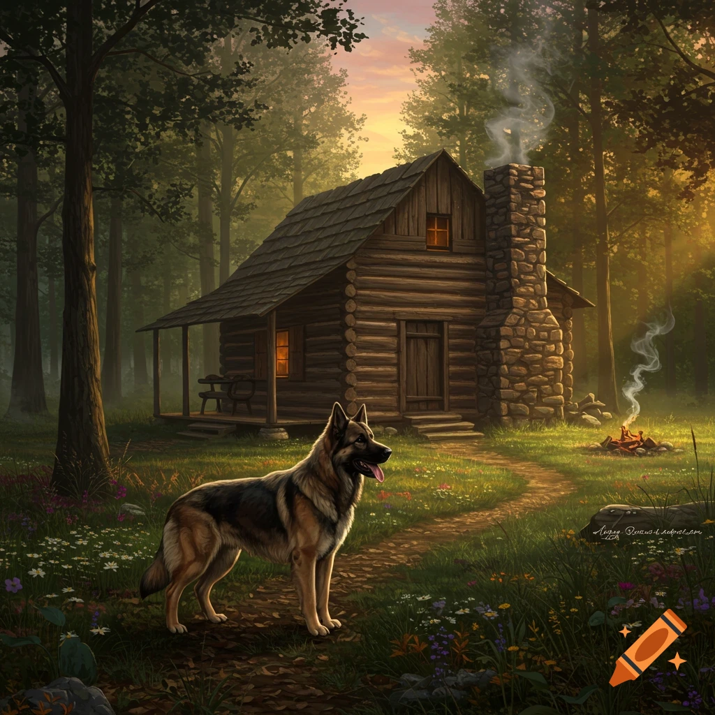 A German Shepherd dog stands on a path in front of a cozy log cabin with smoke rising from its chimney, set in a warm, sunlit forest.
