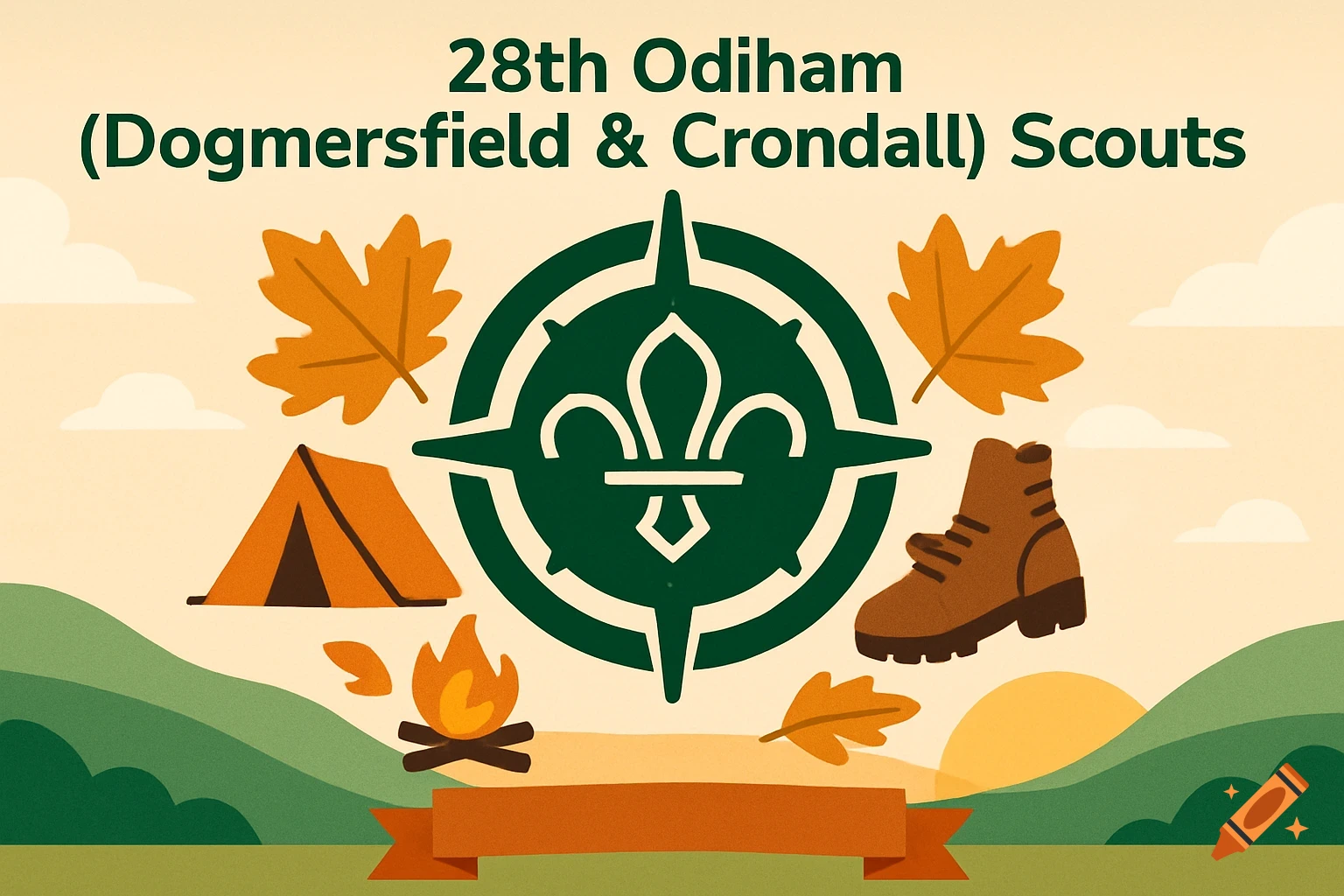 Stylized illustration for 28th Odiham Scouts: a fleur-de-lis, compass, tent, campfire, boot, and autumn leaves.