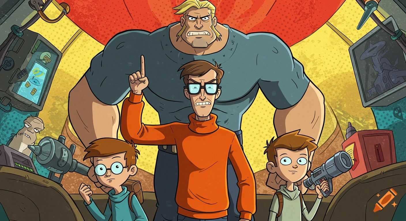 Animated image of a muscular man, a bespectacled scientist, and two boys looking determined in a sci-fi control room.