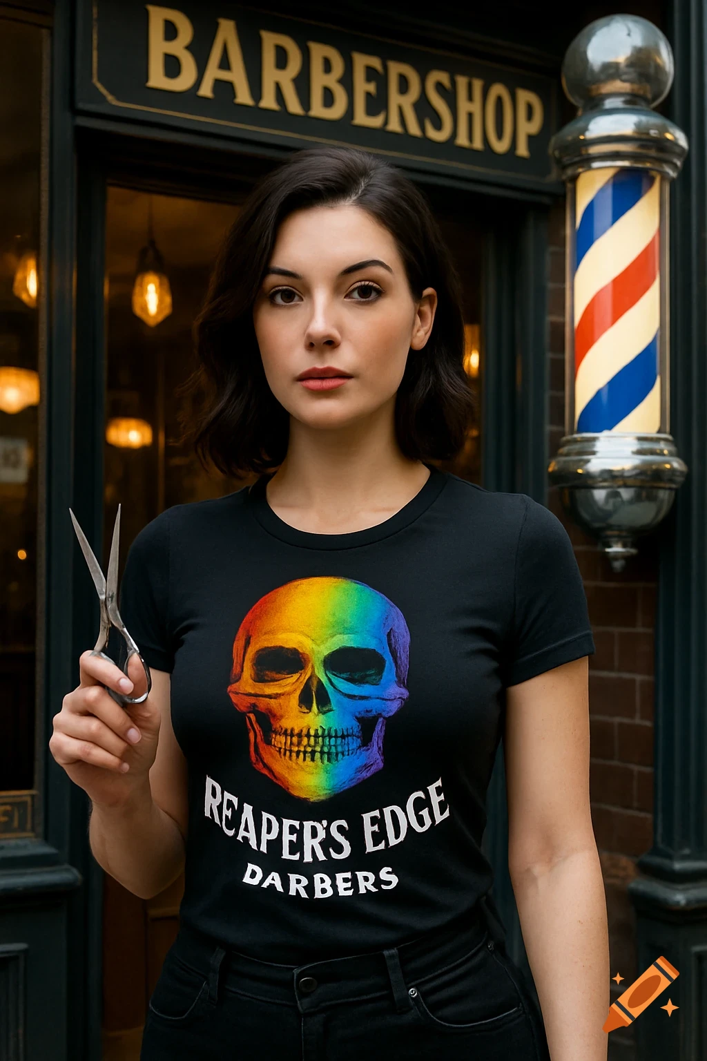 A woman with dark hair stands in front of a barbershop, holding scissors. She wears a black t-shirt with a rainbow skull and 'REAPER'S EDGE DARBERS' text.