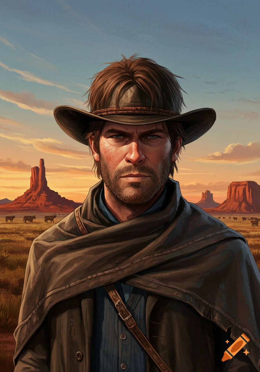 Detailed illustration of a stern cowboy in a hat and duster, standing in a desert landscape with mesas and cattle at sunset.