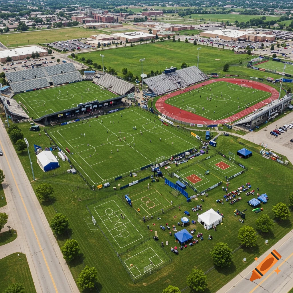 Aerial view of a sprawling sports complex featuring multiple soccer fields, a stadium with a running track, several smaller courts, and gathering areas.