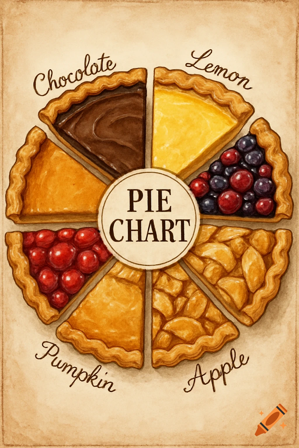 Watercolor illustration of a pie chart made of pie slices: Chocolate, Lemon, Pumpkin, Apple, and berry pies.