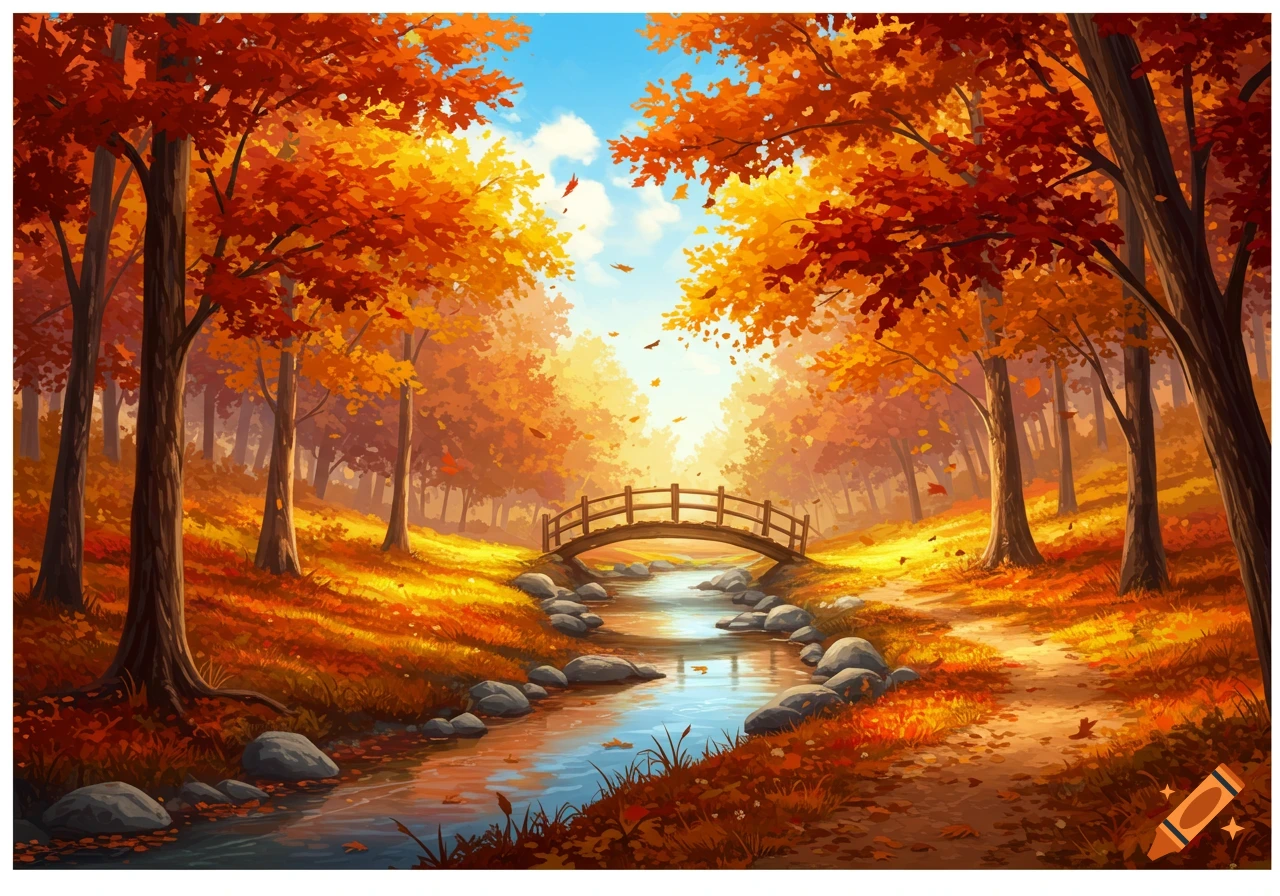 Vibrant autumn forest landscape with a wooden bridge over a stream, surrounded by trees with red and orange leaves.