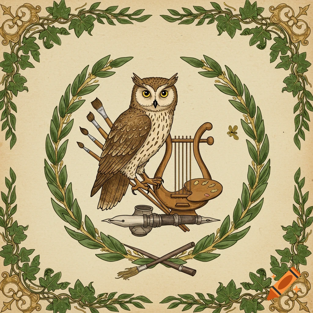 Stylized illustration of an owl perched on a lyre with paintbrushes, a quill, and a palette, all encircled by a laurel and ivy wreath.