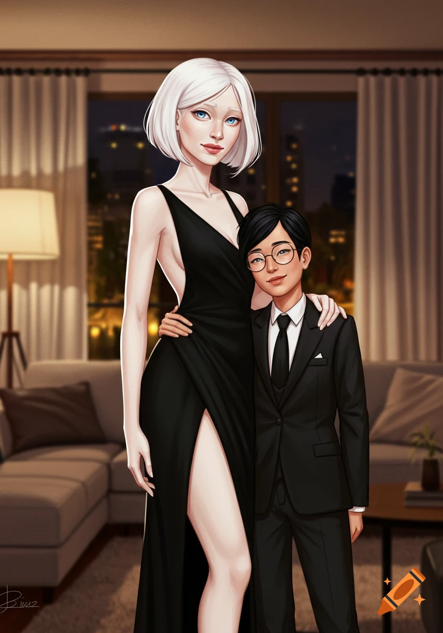 Digital art of a tall albino woman in a black dress embracing a shorter woman in a tuxedo and glasses, in an apartment.