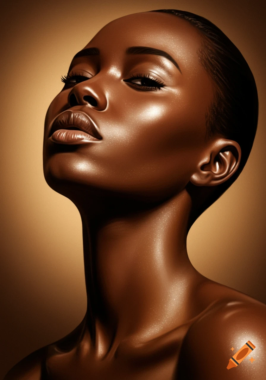 Close-up photorealistic portrait of a beautiful Black woman with glowing skin, looking up against a warm background.