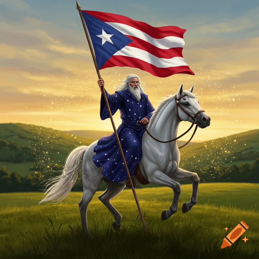 A wizard in a starry blue robe rides a white horse, holding a large Puerto Rican flag in a grassy field at sunset.