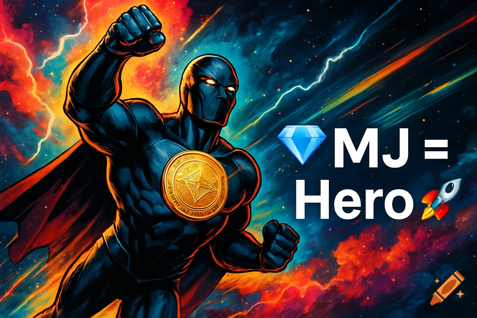 Comic art superhero in a dark suit and cape with a gold coin on his chest against a vibrant cosmic background. Text: 💎MJ = Hero 🚀🔥.