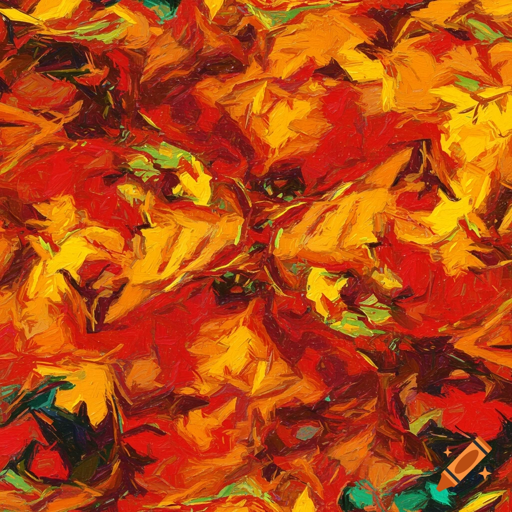 Abstract painting featuring a vibrant blend of red, orange, and yellow hues with visible, energetic brushstrokes.