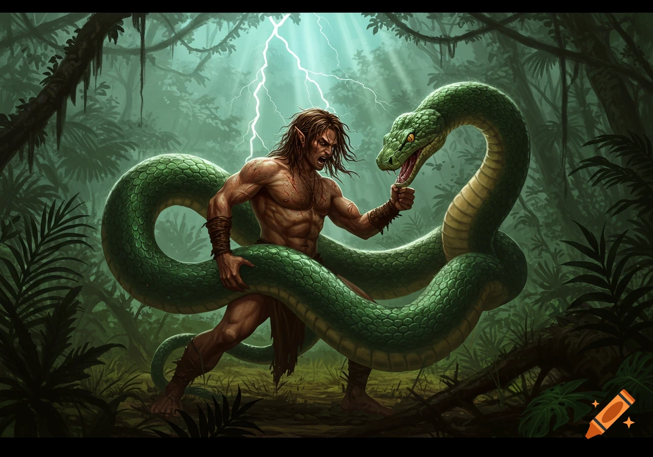 A muscular, wild man with pointy ears punches a giant green snake in a dark, stormy jungle, with lightning overhead.