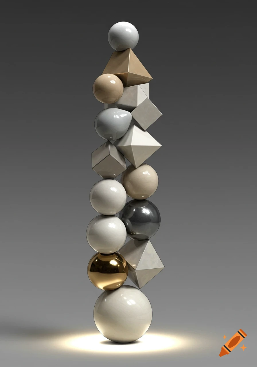 A tall stack of reflective 3D geometric shapes including spheres, cubes, and pyramids in white, beige, gray, and gold, against a dark background.