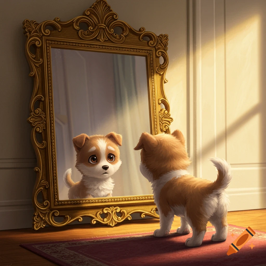 A cute, sad-looking cartoon puppy with brown and white fur stands in front of an ornate gold mirror, looking at its reflection.