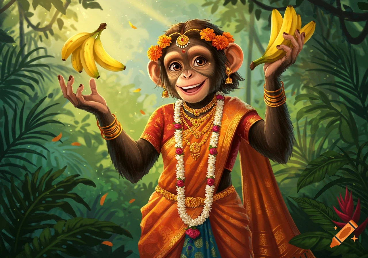 Cartoon chimpanzee in orange sari with marigold crown, holding bananas in a jungle.