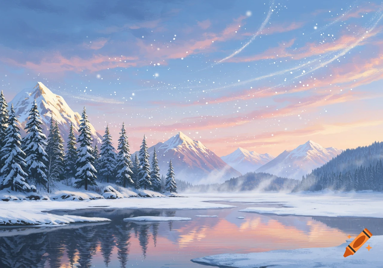 Vibrant winter landscape painting with snow-capped mountains, pine trees, and a reflective, partially frozen lake under a colorful sky.