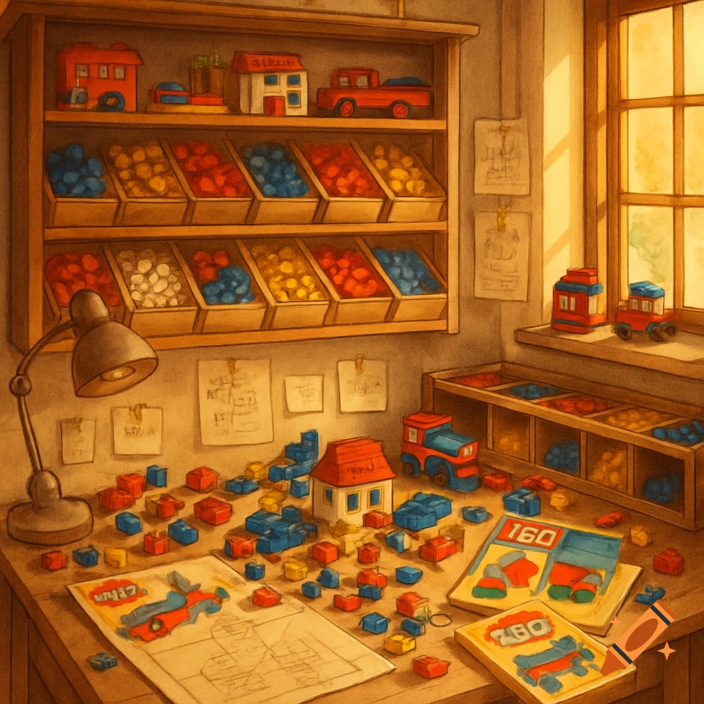 A cozy, sunlit vintage-style workshop filled with colorful building blocks, toy houses, and vehicles on a wooden table and shelves.