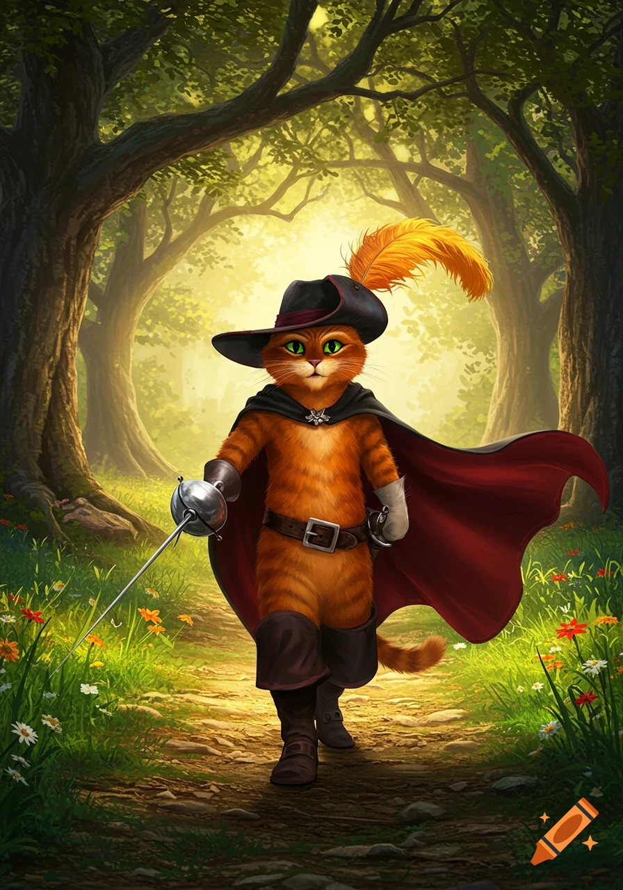 Puss in Boots, an anthropomorphic orange cat in a feathered hat, red cape, and boots, holding a rapier, walks on a sunlit forest path.