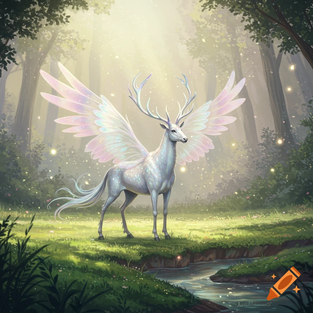 A shimmering white stag with iridescent wings and antlers stands in a magical, sunlit forest clearing beside a stream.