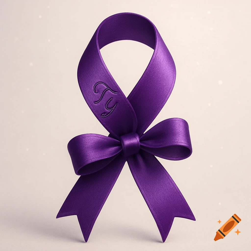 A shiny purple awareness ribbon with the letters 'Ty' embossed on it, against a light background.