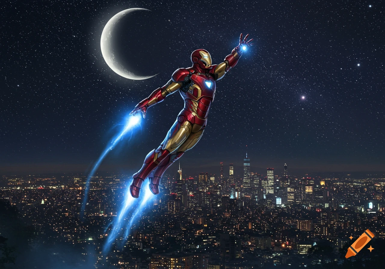 Iron Man flying over a sprawling city at night with a crescent moon and stars in the sky, photorealistic style.