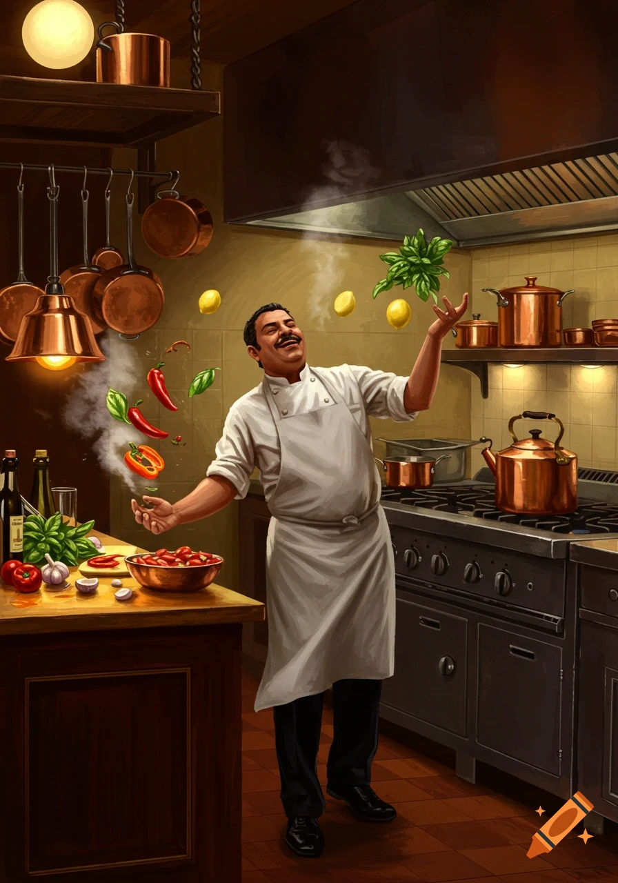 A happy chef in a rustic kitchen tossing peppers, basil, and lemons in the air, with copper pots around him. Illustration.