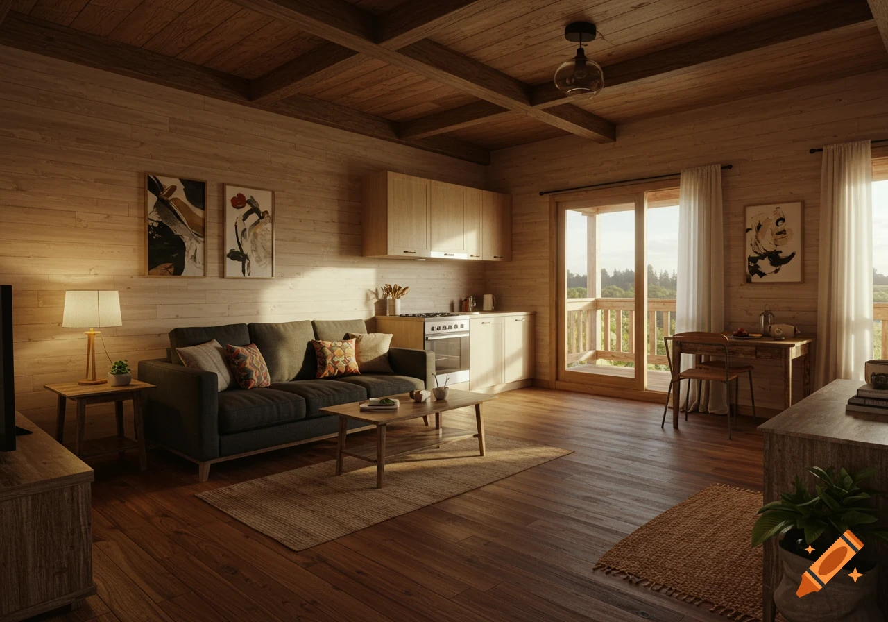 Cozy wooden cabin interior with a living room, kitchen, dining area, and a balcony offering a forest view, in a photorealistic style.
